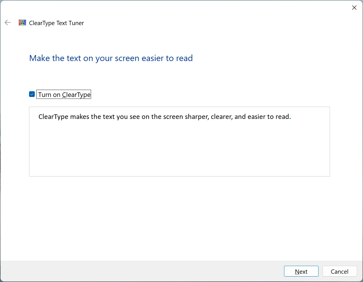 A screenshot of the initial step of the ClearType Text Tuner, containing a ‘Turn on ClearType’ checkbox and a text sample.