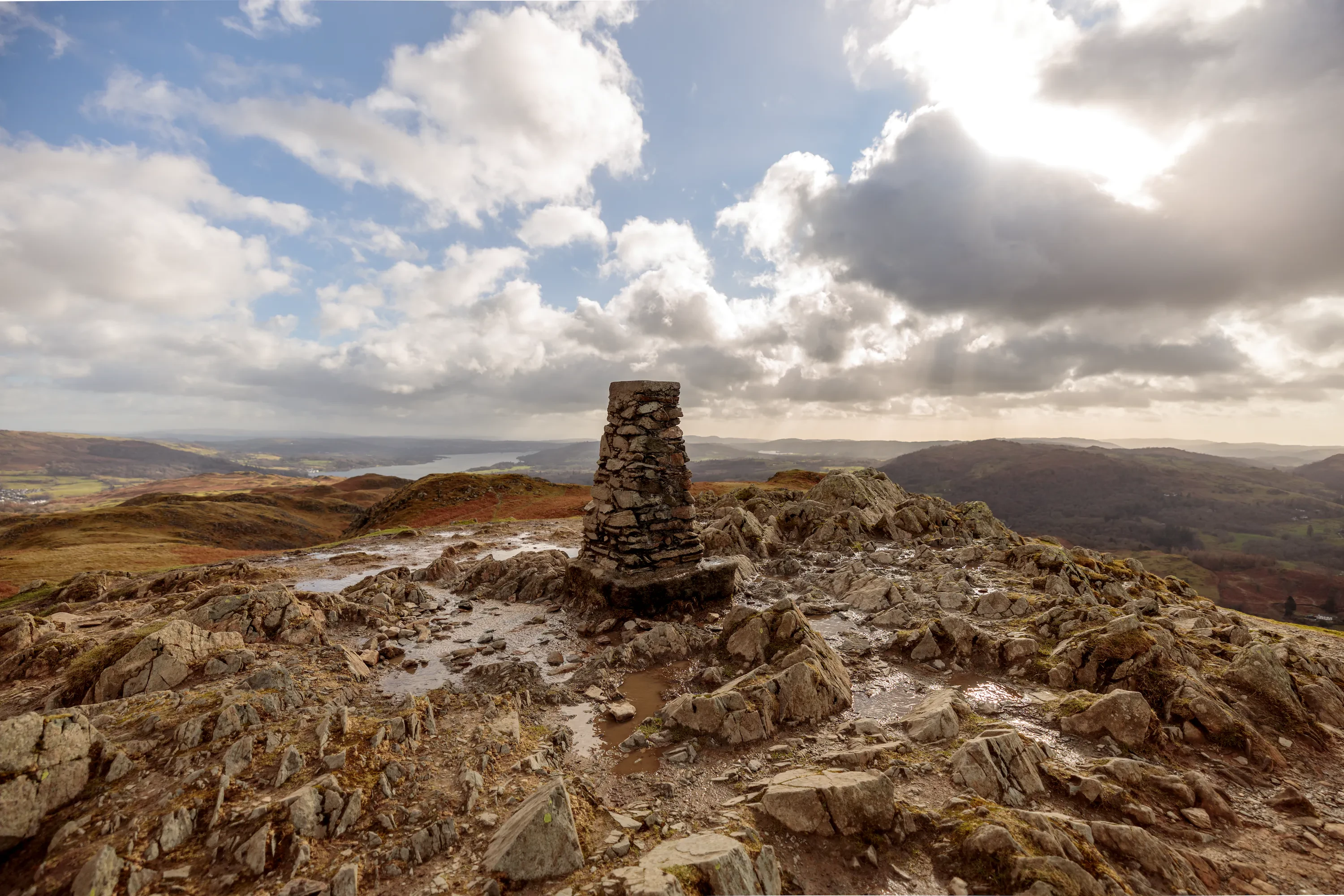The trig point on the very windy summit of Loughrigg Fell