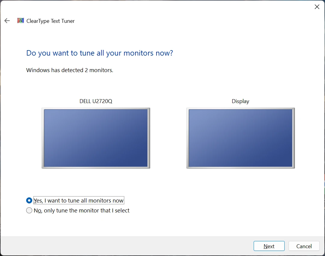 A screenshot of the ClearType Text Tuner, asking whether to tune all monitors, or specific ones.