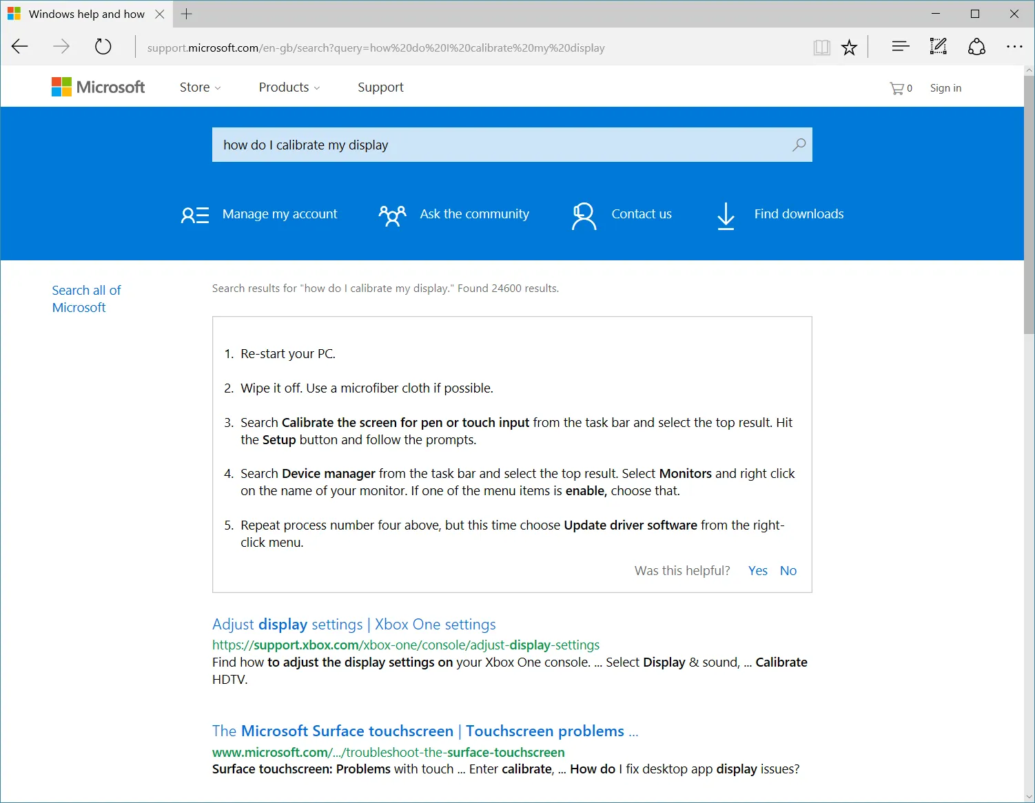 A search for 'How do I calibrate my display?' on the Windows 10 support home page