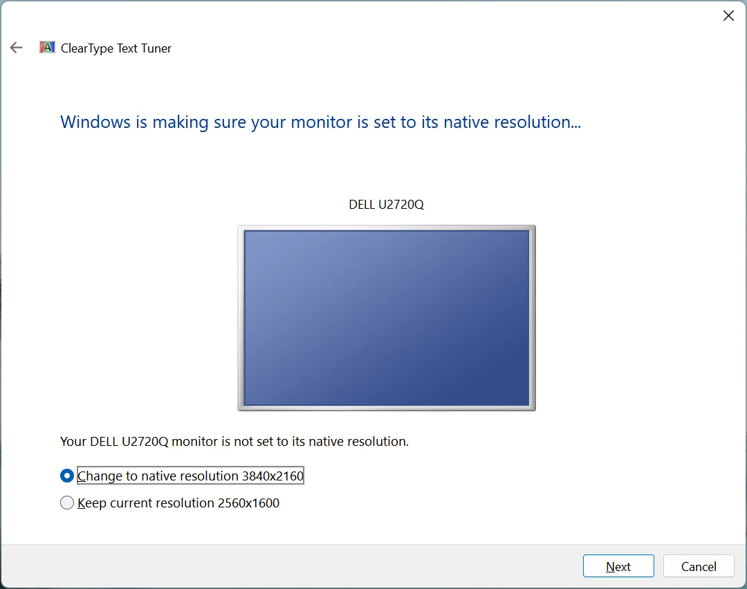 A screenshot of the initial step of the ClearType Text Tuner, saying the monitor is not set to its native resolution, and offering to change the monitor to its native resolution.