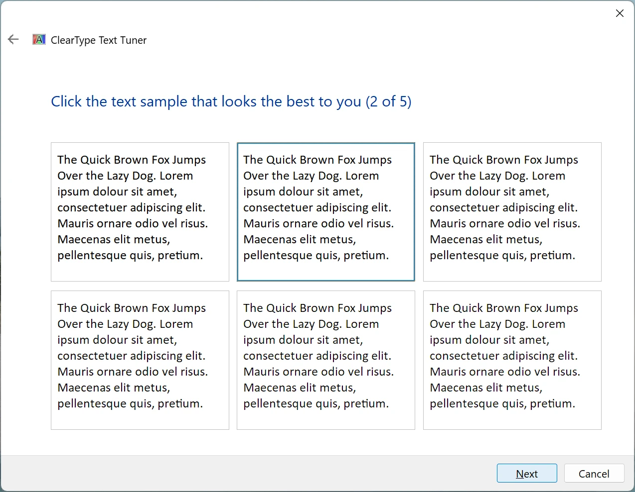 A screenshot of the initial step of the ClearType Text Tuner, asking which of six text samples looks best.