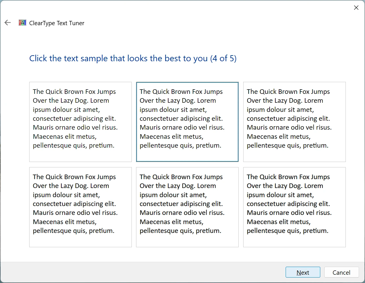 A screenshot of the initial step of the ClearType Text Tuner, asking which of six text samples looks best.