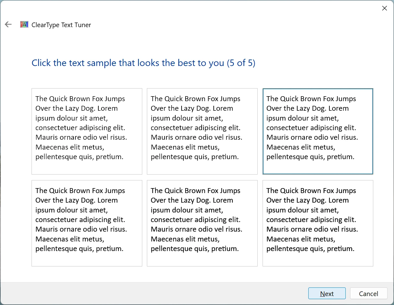 A screenshot of the initial step of the ClearType Text Tuner, asking which of six text samples looks best.