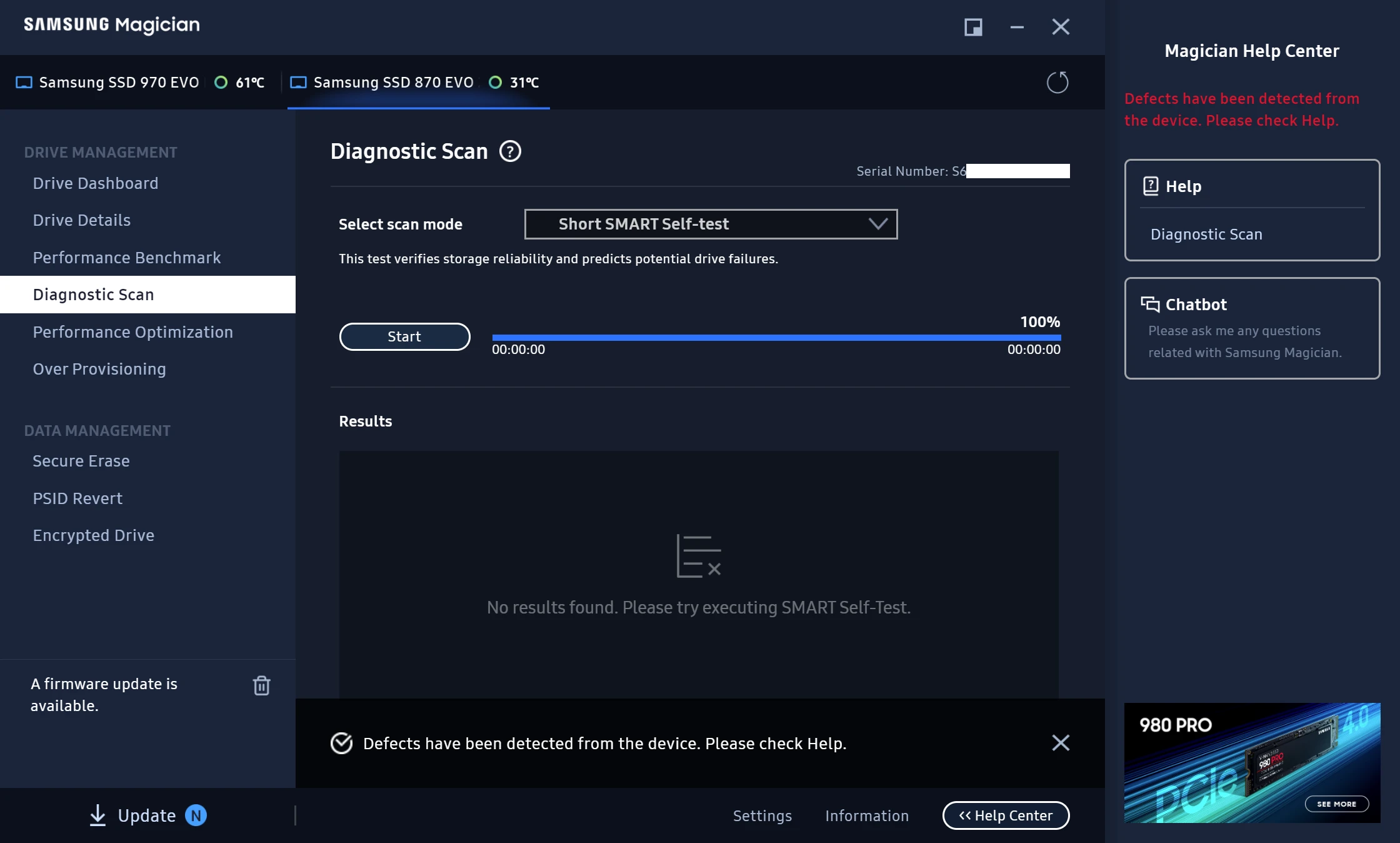 Samsung Magician showing the error ‘Defects have been detected from the device. Please check Help.’