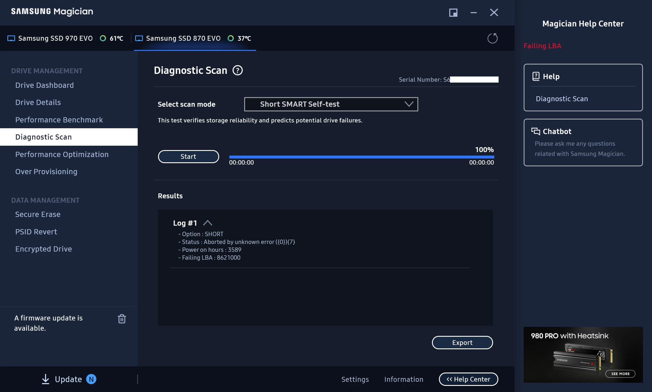 Samsung Magician showing a ‘Failing LBA’ error