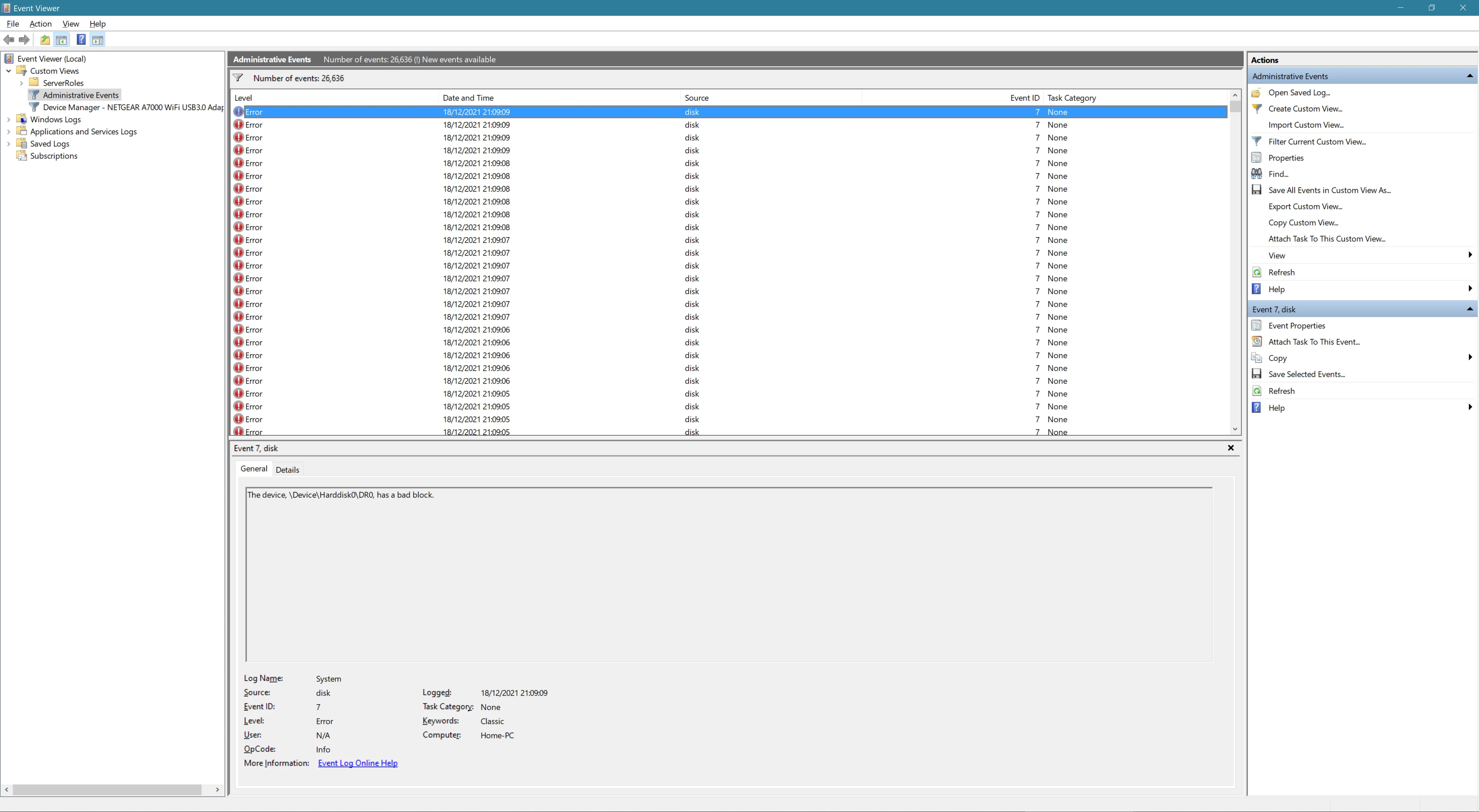 A long list of errors stating that ‘[t]he device, \HardDisk0\DR0, has a bad block’