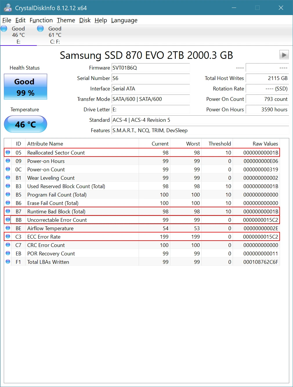 A list of SMART data for the drive, with the entries for ‘Reallocated Sector Count’, ‘Runtime Bad Block (Total)’, ‘Uncorrectable Error Count’ and ‘ECC Error Rate’ highlighted.