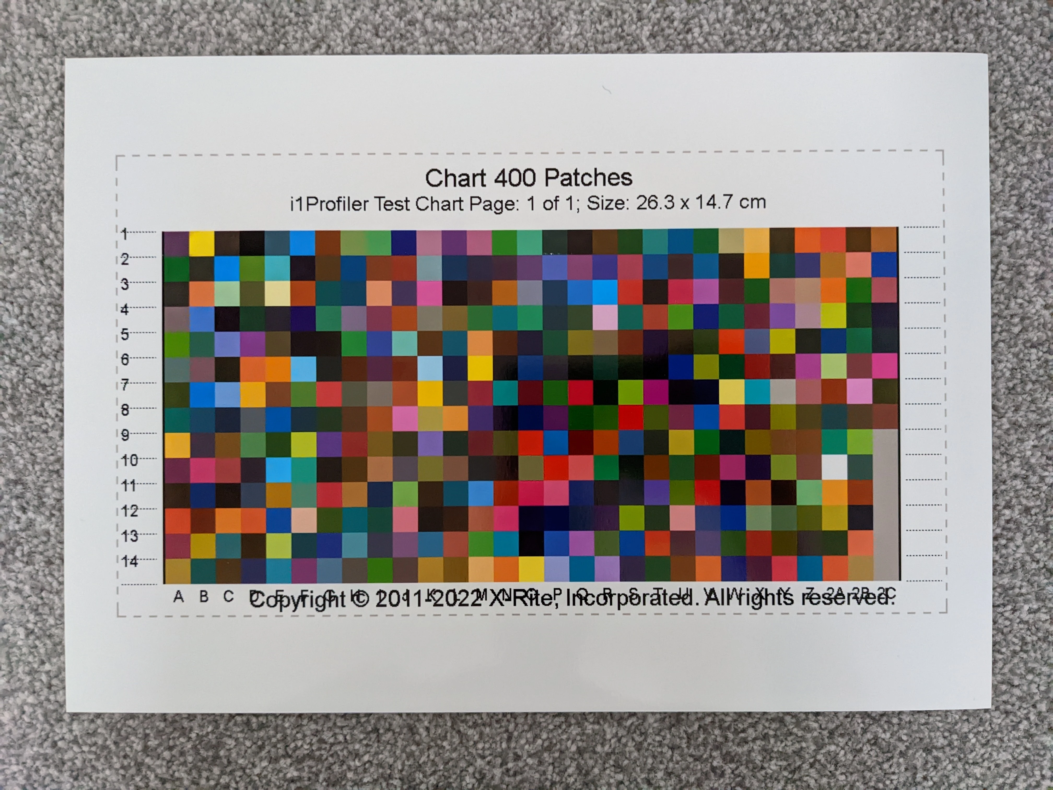 An A4 colour chart printed by i1Profiler with incorrectly scaled text