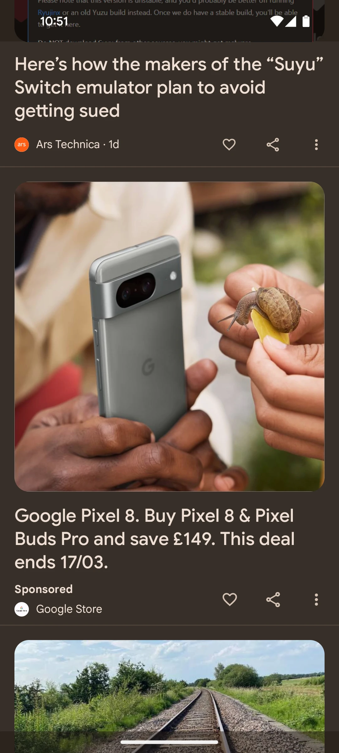 A screenshot of the Google Pixel discover feed showing an advert for a deal on a Pixel 8 and Pixel Buds Pro bundle.