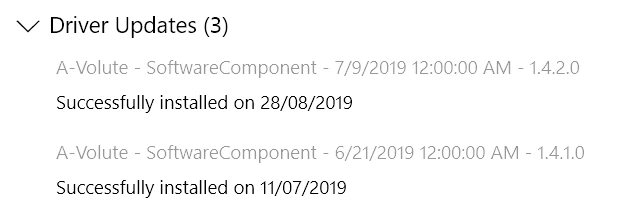 A screenshot of driver updates installed by Windows Update