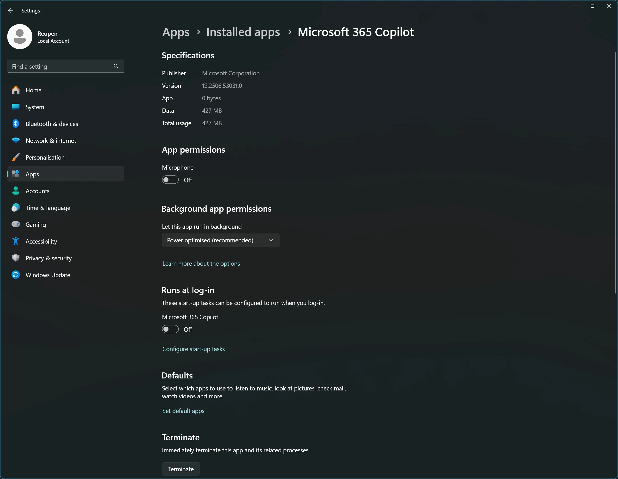 A screenshot of the page for the Microsoft 365 Copilot app in the Windows Settings app