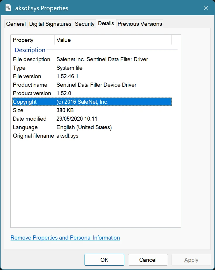 The Details tab of the properties window for aksdf.sys