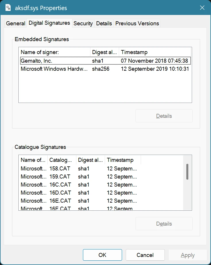 The Digital Signatures tab of the properties window for aksdf.sys