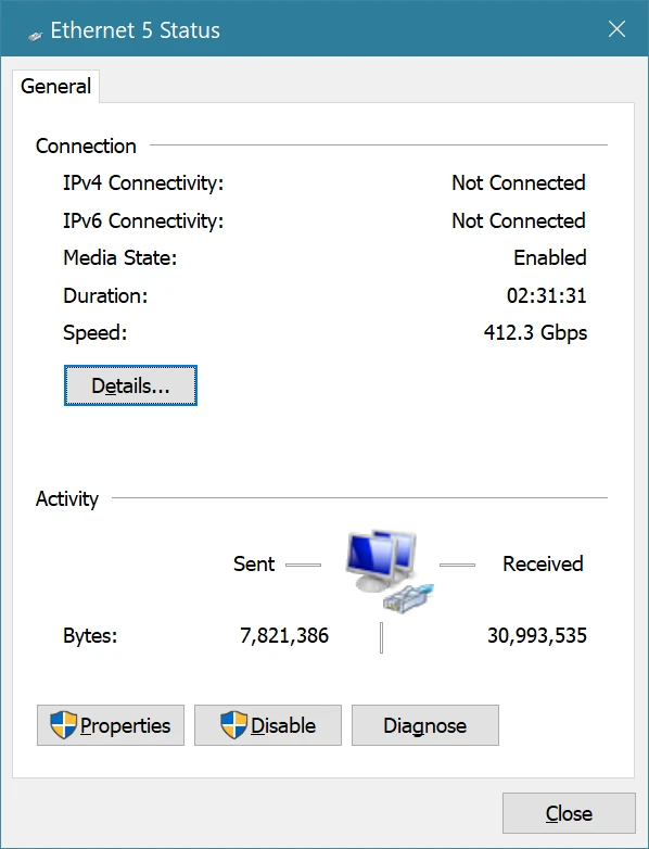 A screenshot of the status for the network connection showing an 412.3 Gbps speed