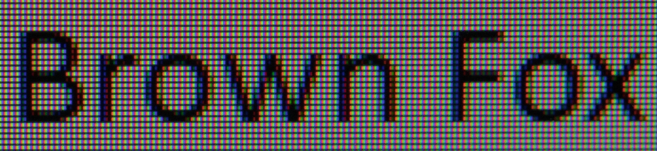 A close-up photo of the text in the second option, showing the subpixels of the words ‘Brown Fox’.