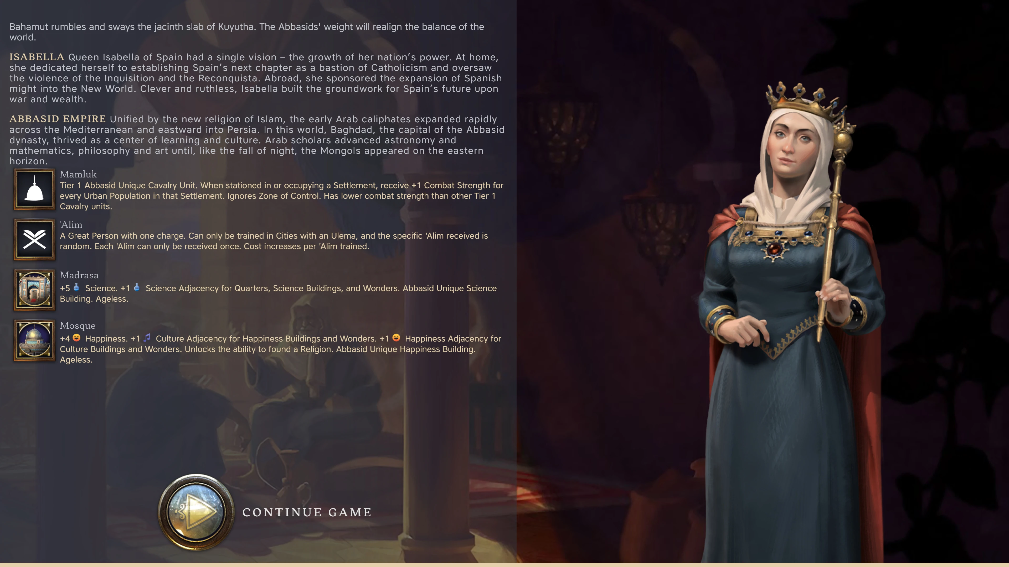 A screenshot of the main game loading screen containing lots of text.