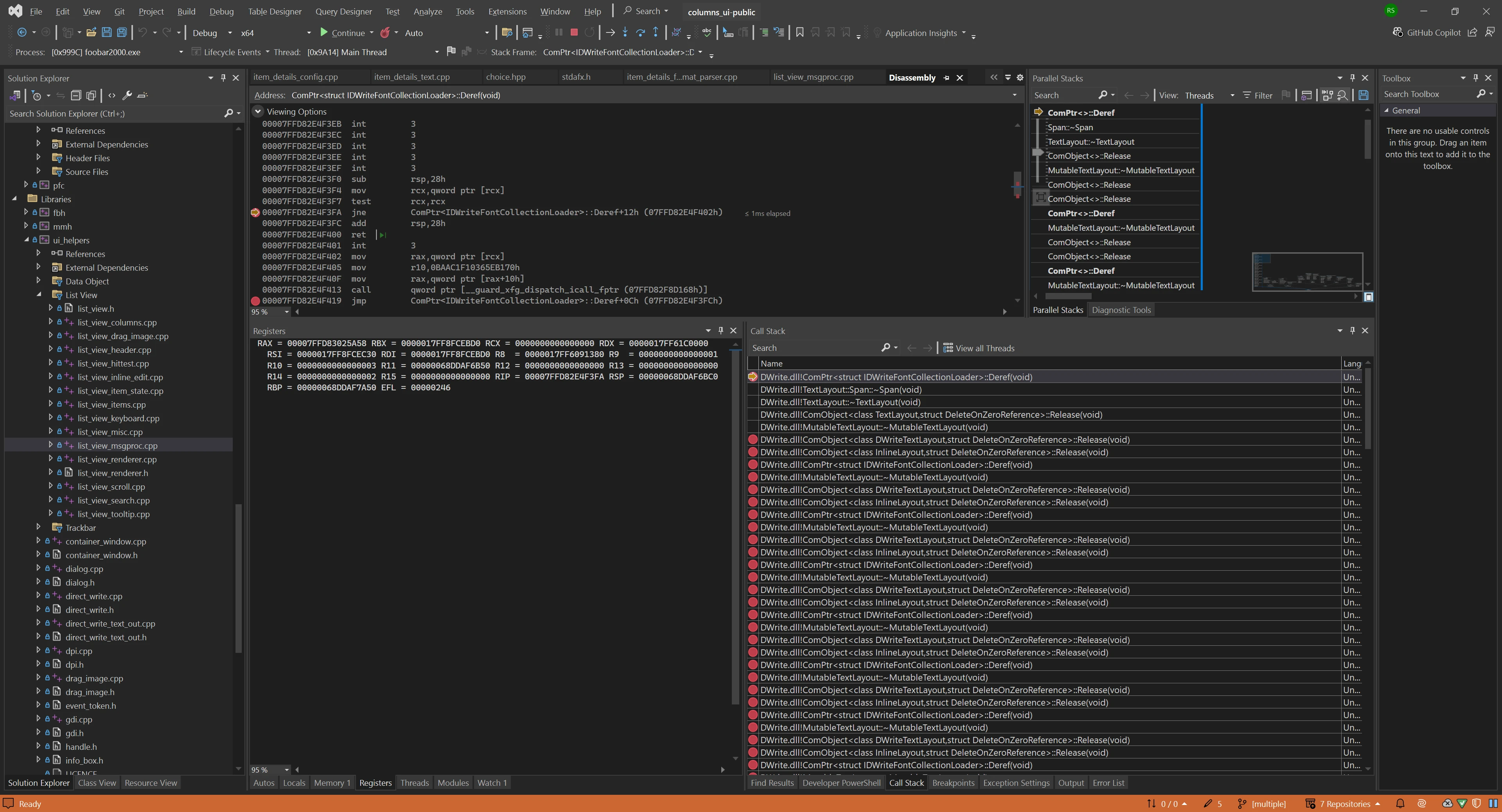 A screenshot of the Visual Studio debugger, showing the call stack during an IDWriteTextFormat::Release call with similar recursion as above
