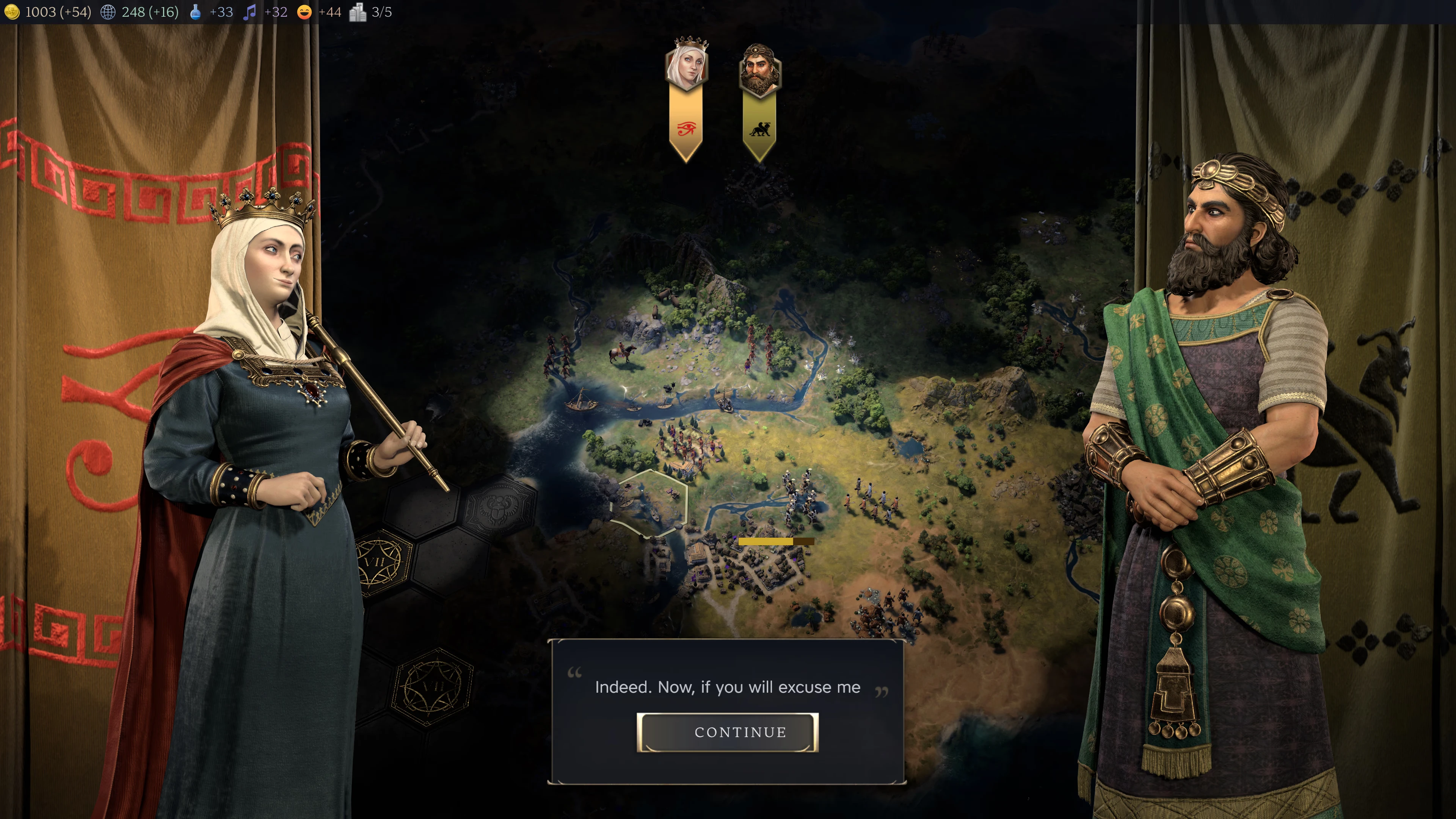 A screenshot of the screen showing dialogue between two leaders, with Xerxes saying ‘Indeed. Now if you will excuse me’