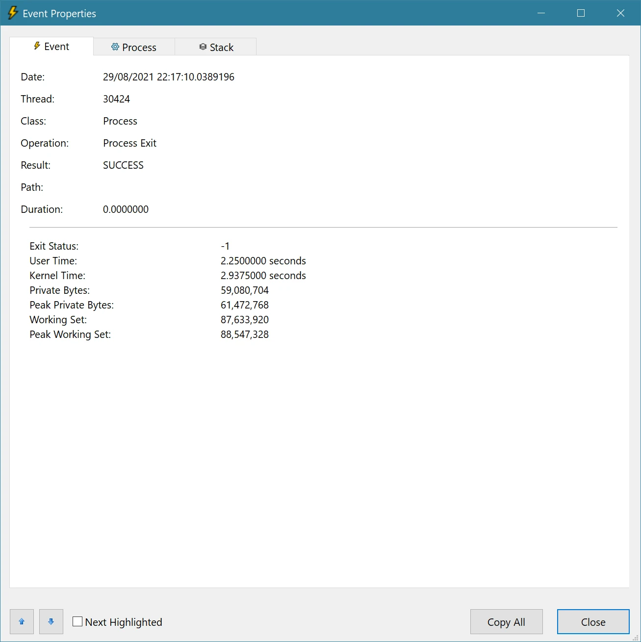 A screenshot of the event properties for a process exit in Process Monitor