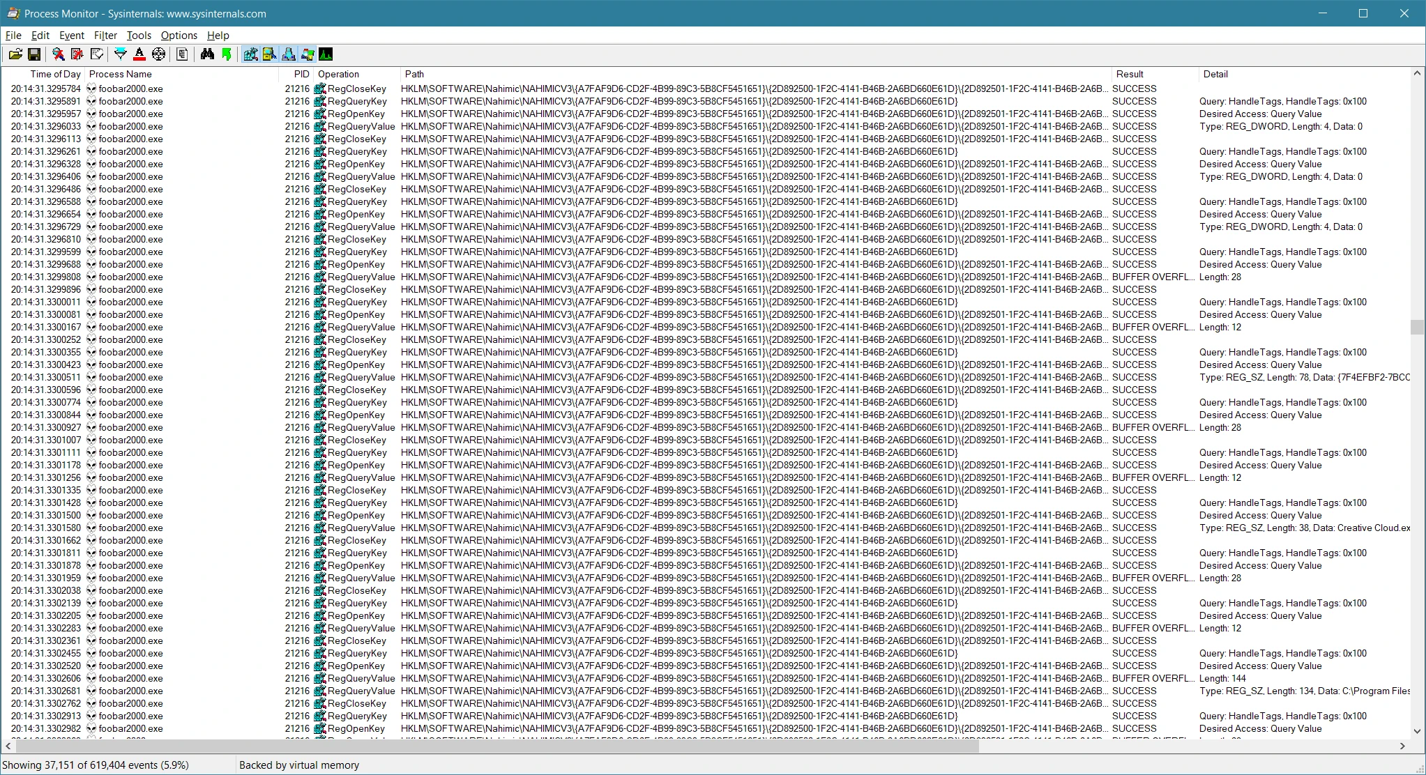 A screenshot of Process Monitor showing foobar2000 was accessing Nahimic registry keys