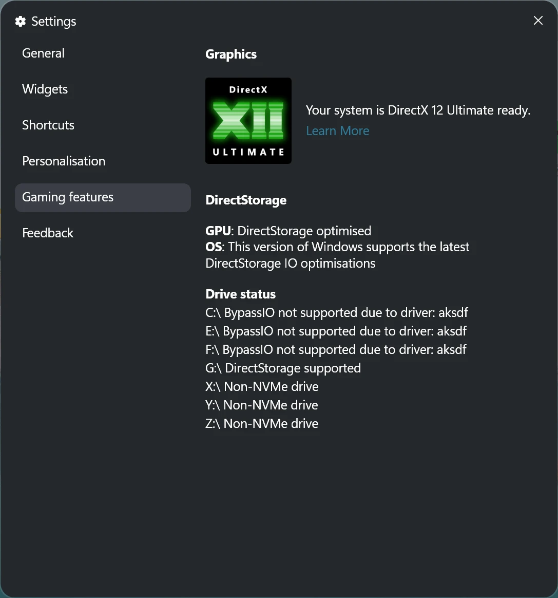 The Gaming features section of Windows Game Bar settings, showing the message ‘BypassIO is not supported due to driver: aksdf’ for multiple drives