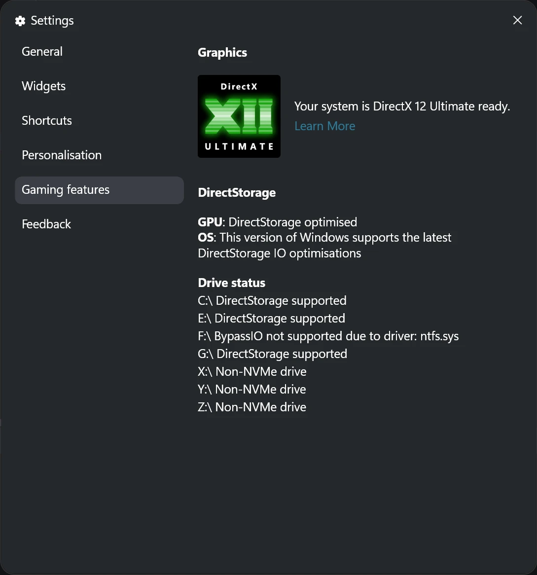 The Gaming features section of Windows Game Bar settings, now saying ‘DirectStorage supported’ for the drives it previously has the message ‘BypassIO is not supported due to driver: aksdf’ against