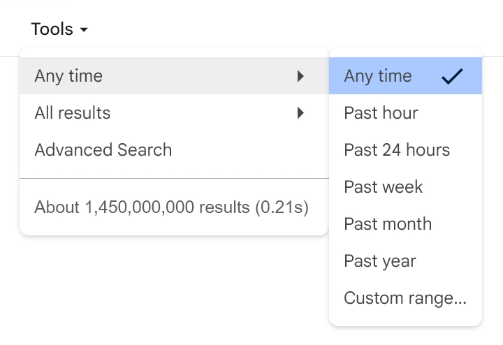 A screenshot of the ‘Tools’ menu on the Google search results page.