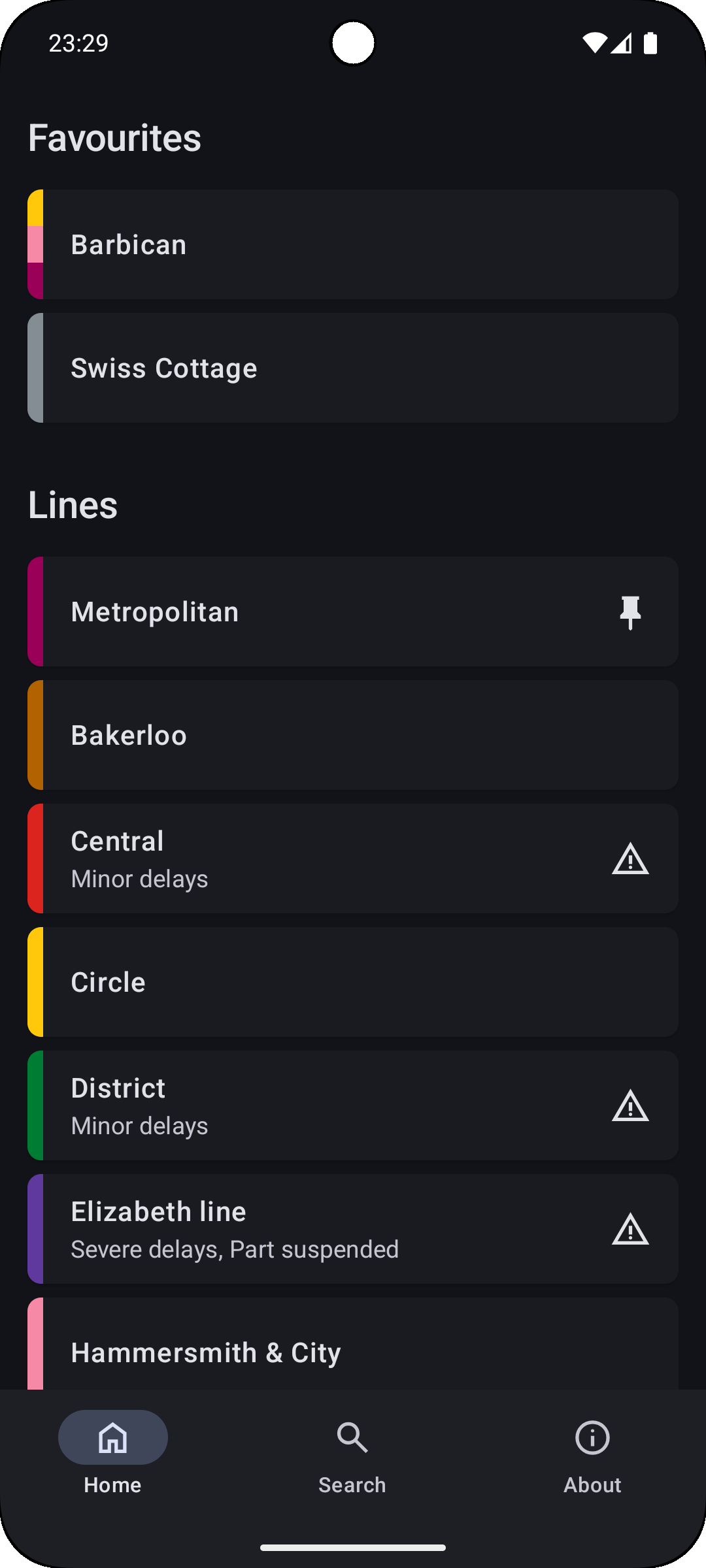 Home with favourite stations, lines and service status