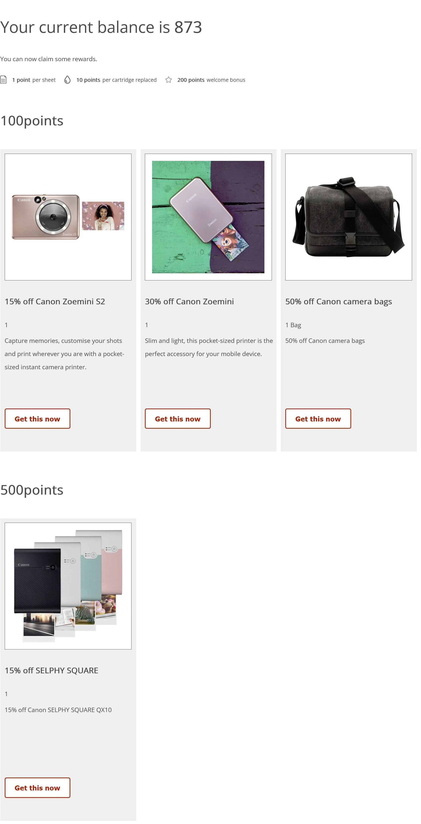 A list of rewards comprising discounts on a few odd products.