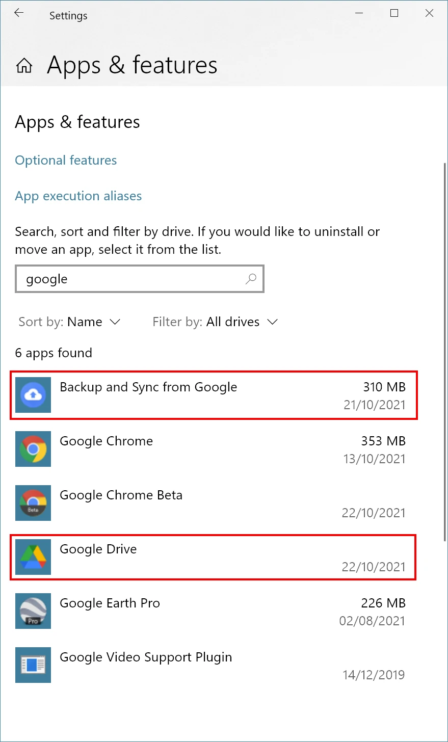 A screenshot of Apps & features in Windows