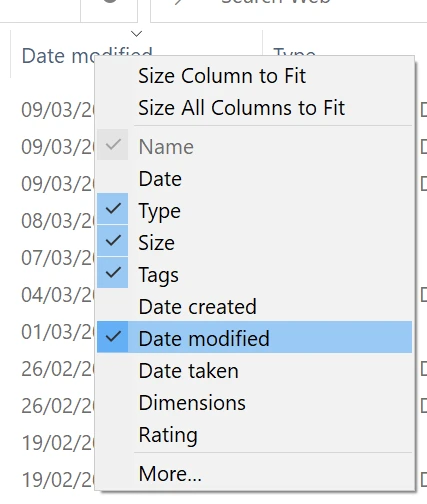 The context menu of the column titles with options to show and hide columns