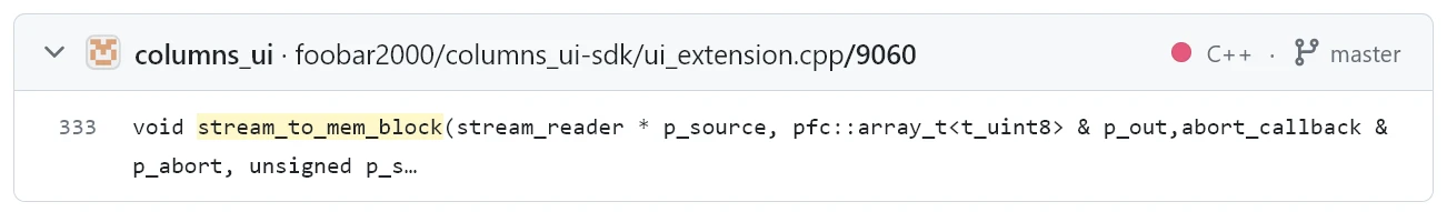 A search result where the file path appears to be foobar2000/columns_ui-sdk/ui_extension.cpp/9060.
