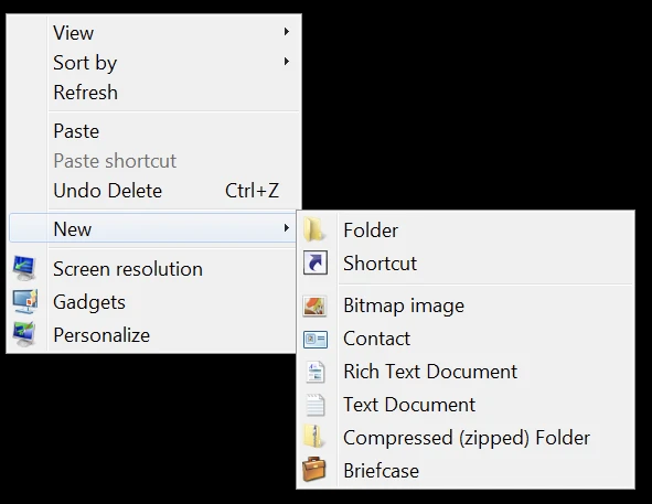 The ‘New’ menu in Windows 7