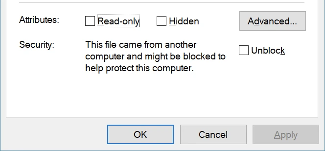 A screenshot of the Security section of the properties for a blocked file