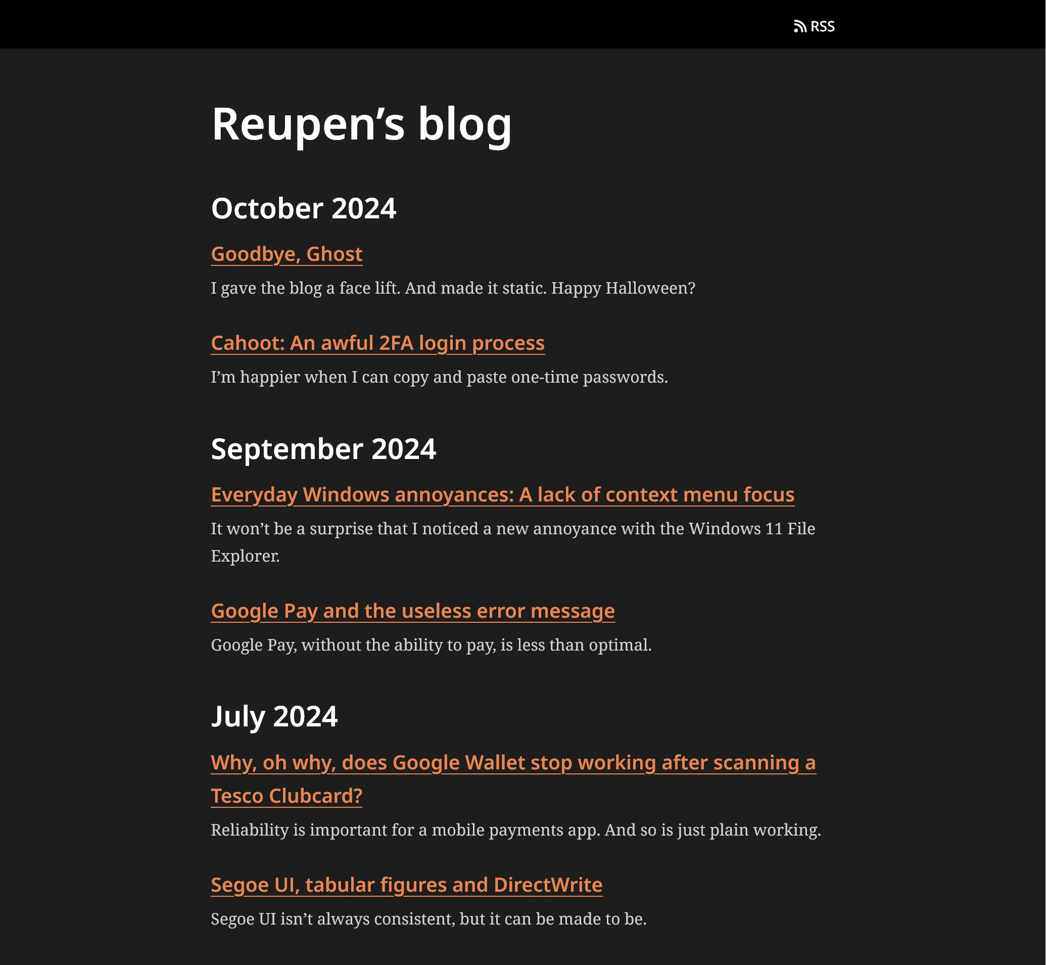 The old index page, with a simple vertical list of posts
