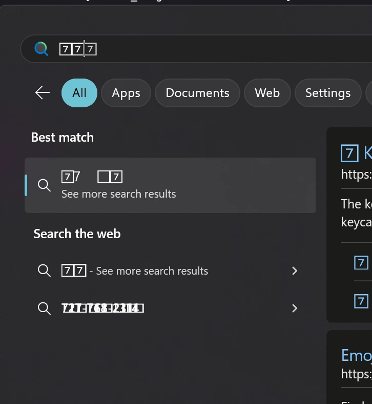 A screenshot of the Start Menu showing incorrectly rendered keycap emojis, such as with overlapping boxes and numbers
