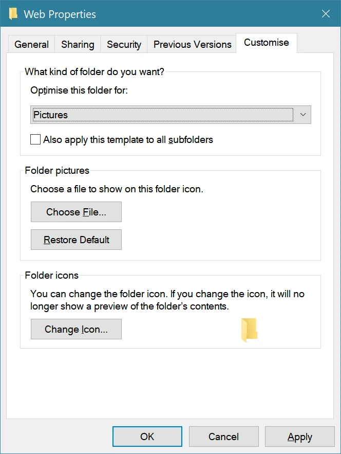 The Customise tab of the properties for the folder