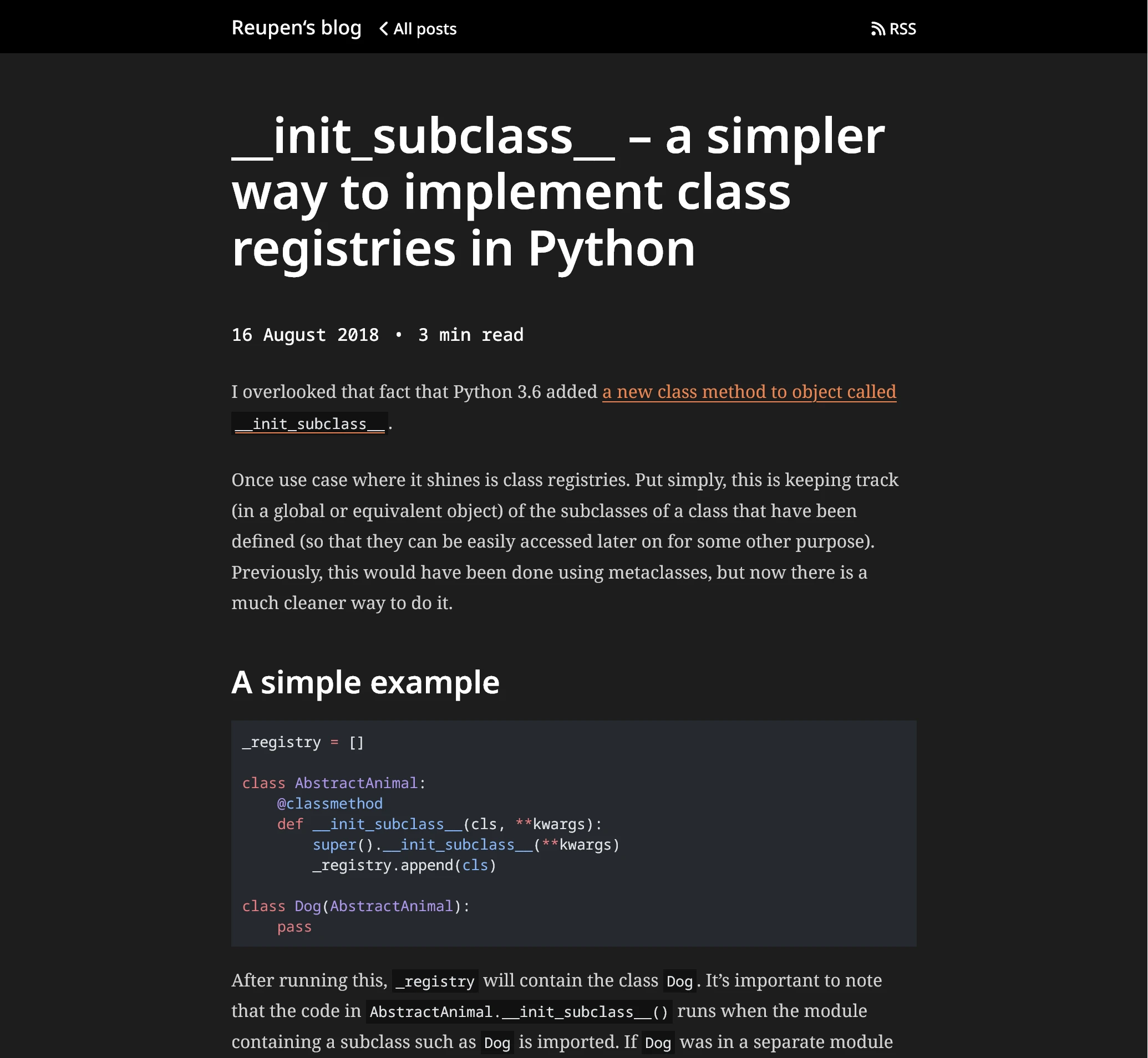 A post titled ‘__init_subclass__ – a simpler way to implement class registries in Python’ on the new blog