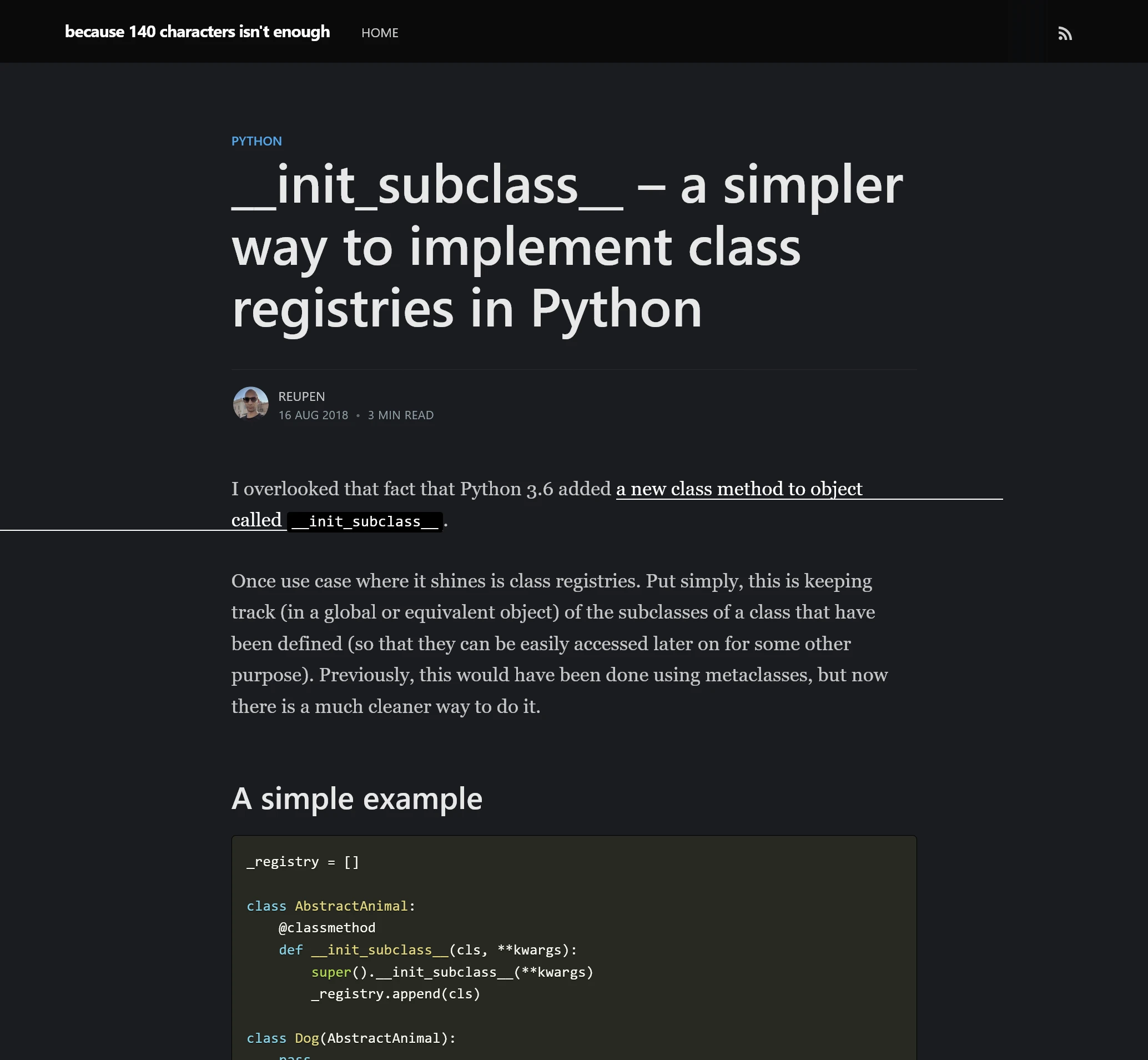 A post titled ‘__init_subclass__ – a simpler way to implement class registries in Python’ on the old blog
