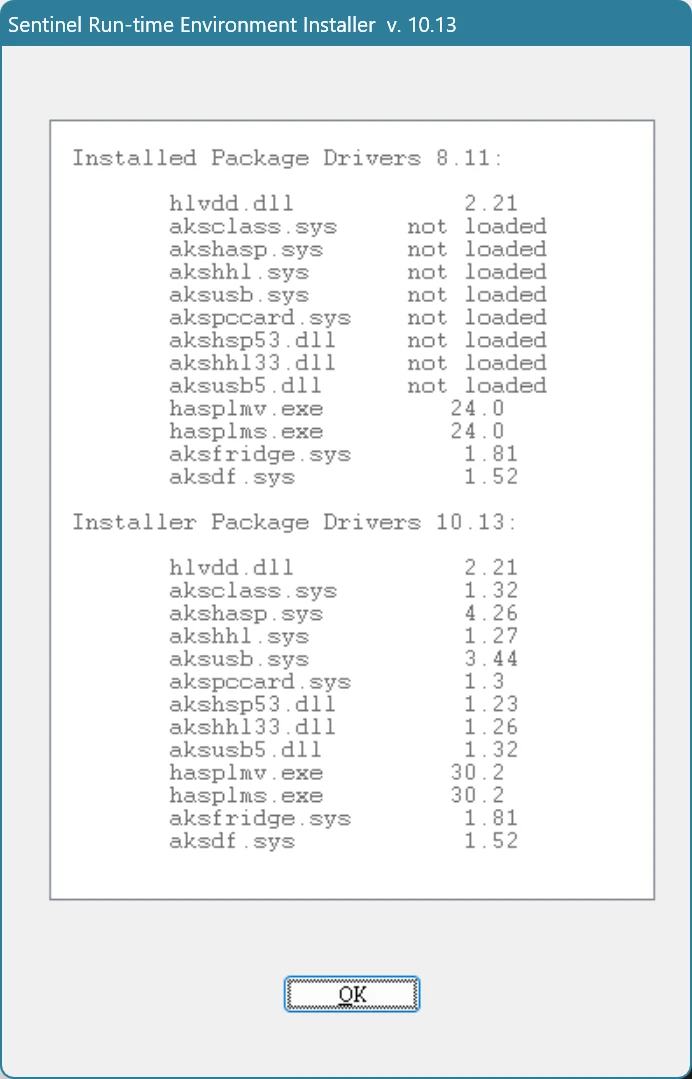A dialogue box containing a list of the installed Sentinel drivers and their versions, and a list of the driver versions included in the installer.