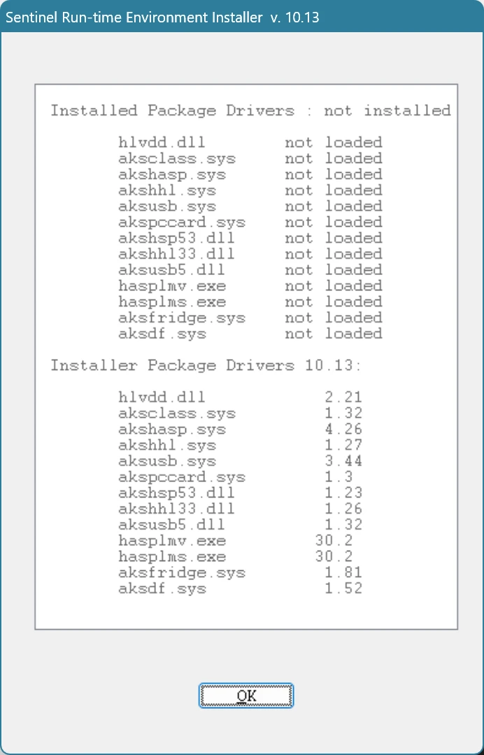 A dialogue box containing a list of the installed Sentinel drivers that aren’t installed, and a list of the driver versions included in the installer.