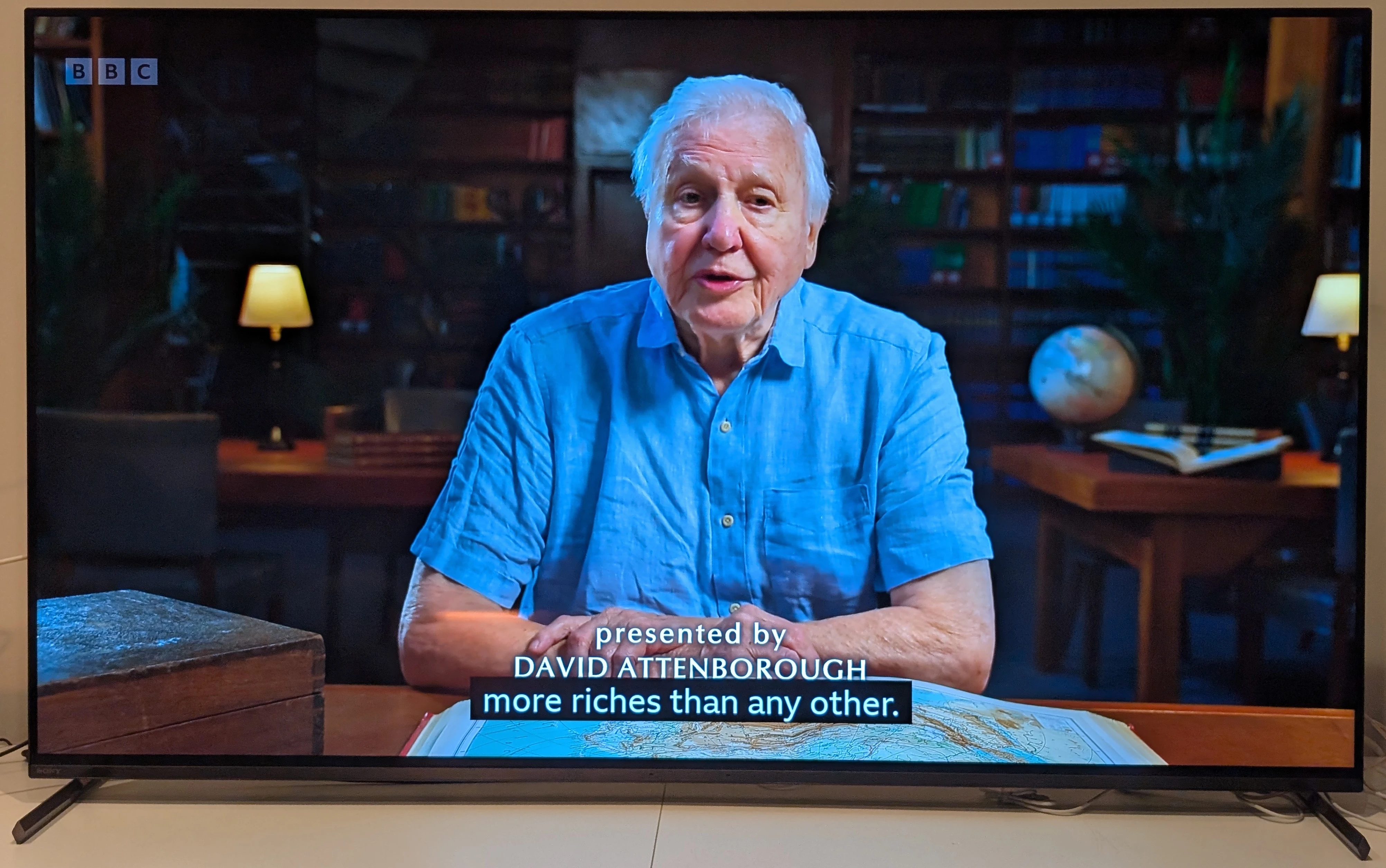 A photo of a Sony TV showing a similar scene as in the previous photo, but without distortion.