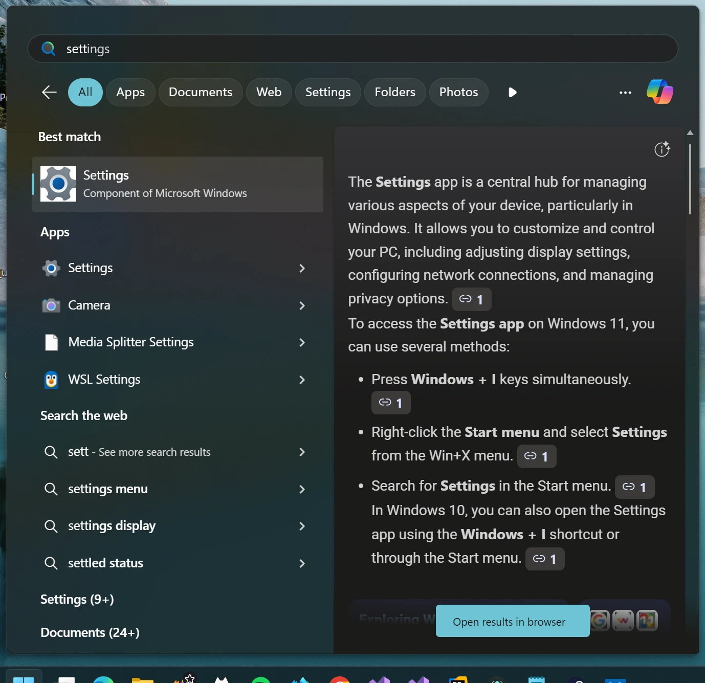 A screenshot of a search for ‘sett’ in the Start Menu, with Settings, Component of Microsoft Windows as the first result.
