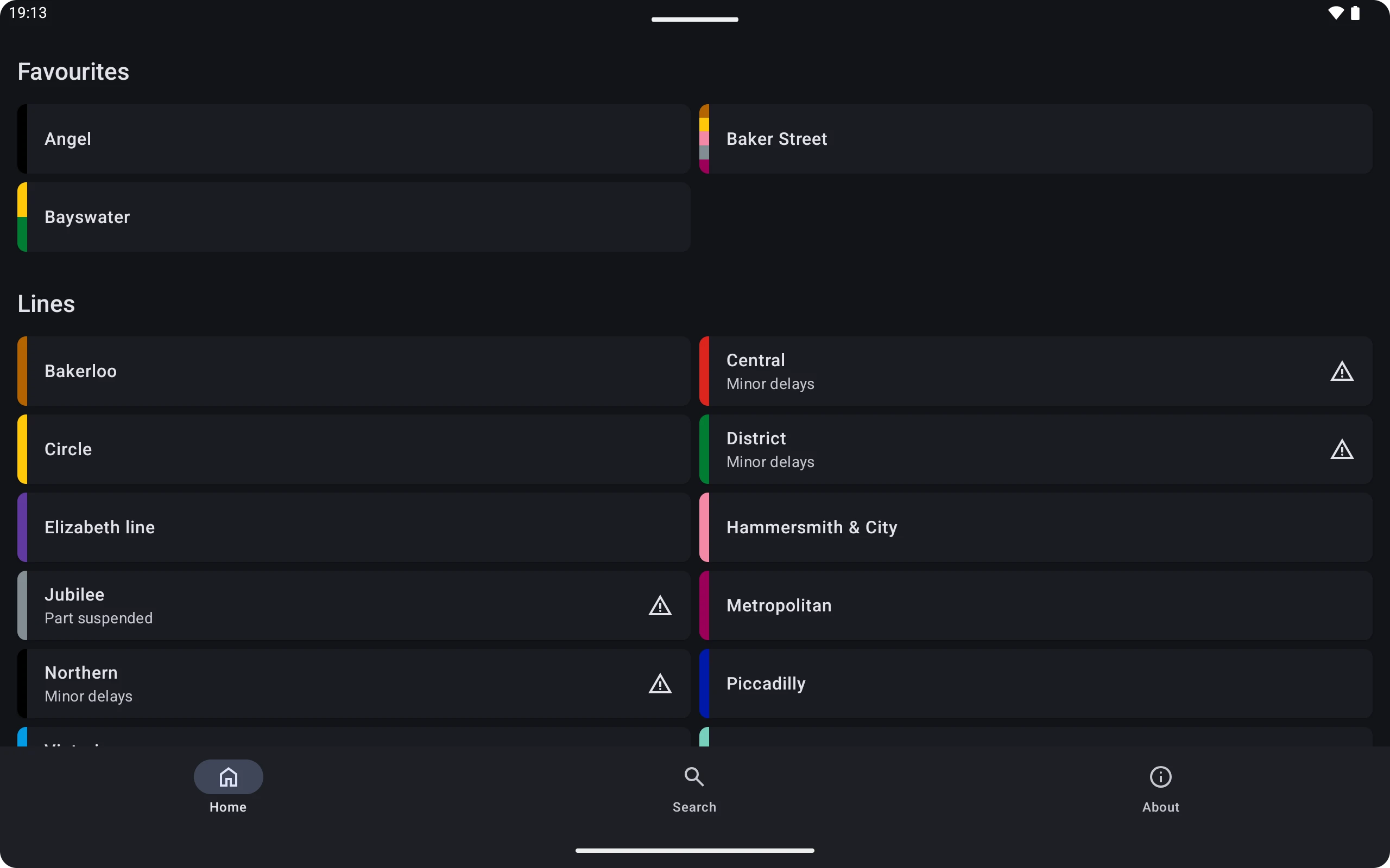 The app on a landscape tablet using a custom layout for the list of favourite stations