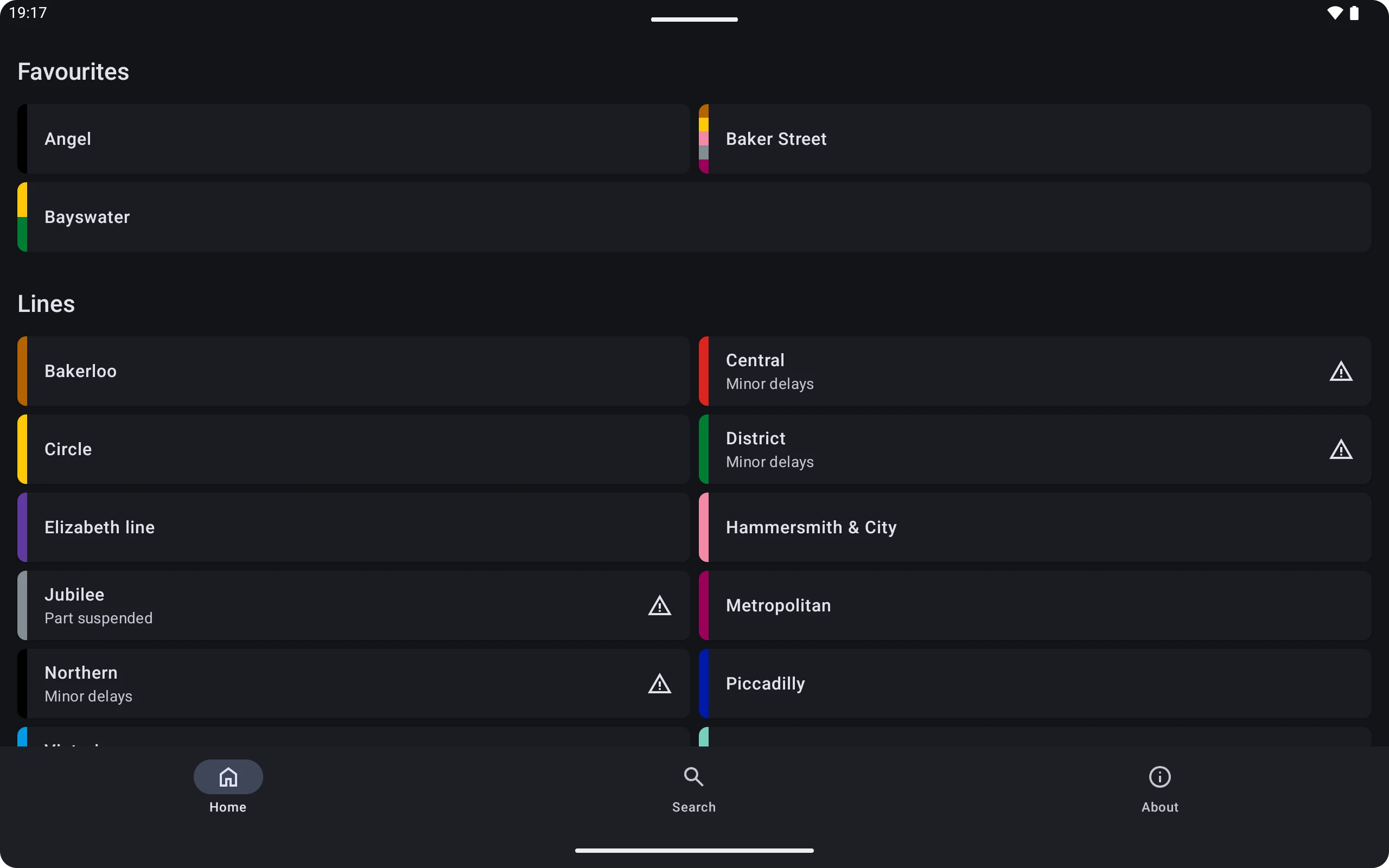 The app on a landscape tablet using FlexRow for the list of favourite stations