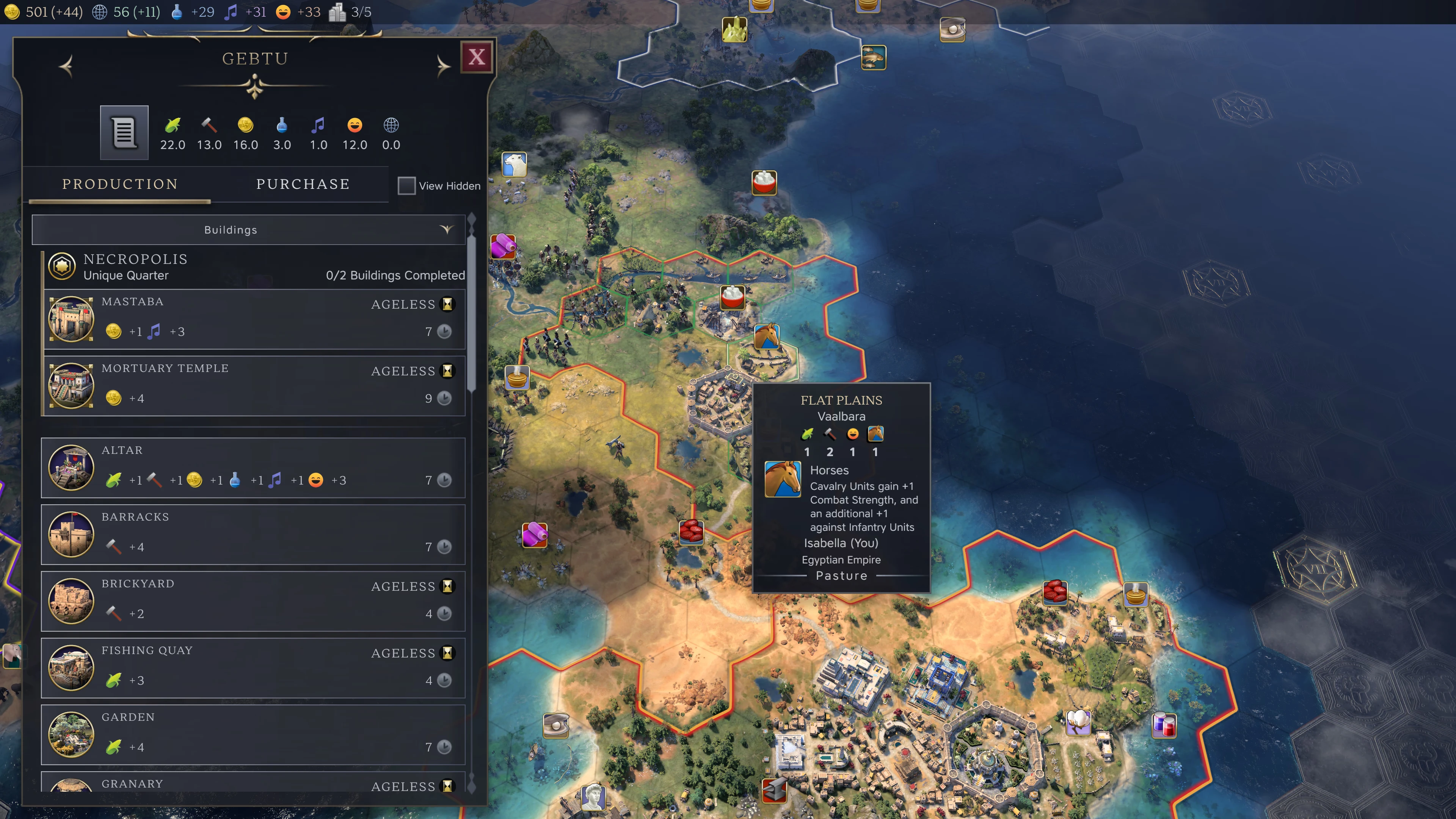 An in-game screenshot of Civilization VII with scaling on, showing the city build menu taking up a third of the screen.