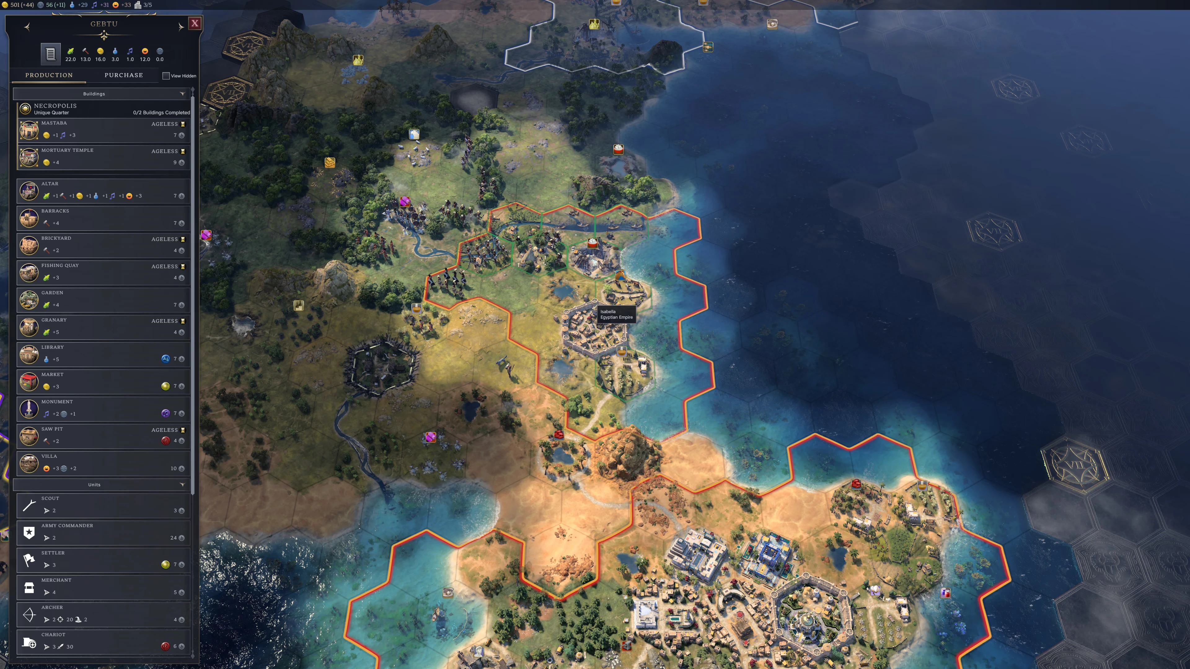 An in-game screenshot of Civilization VII with scaling of, showing the city build menu taking up a ninth of the screen.