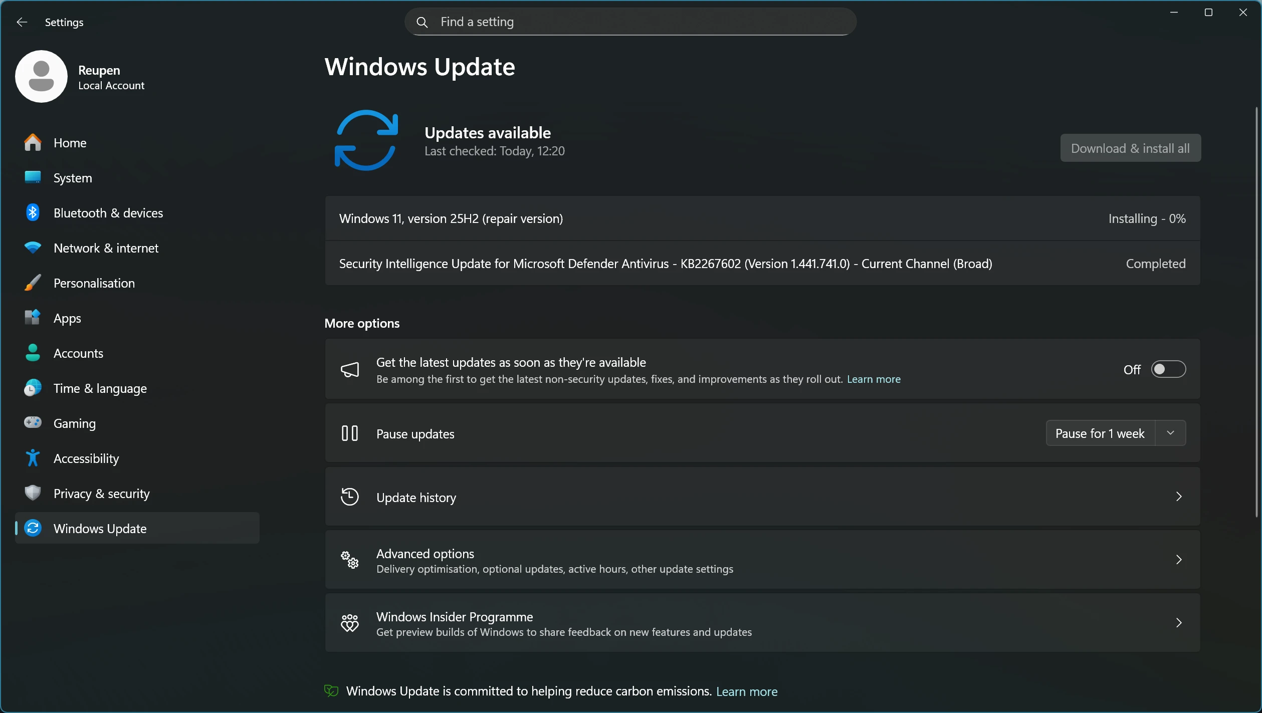 A screenshot of the Recovery page in the Settings app.